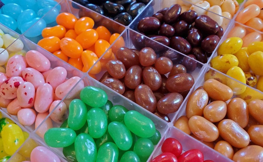 Close-up shot of an assortment of multi-colored Jelly Belly beans.