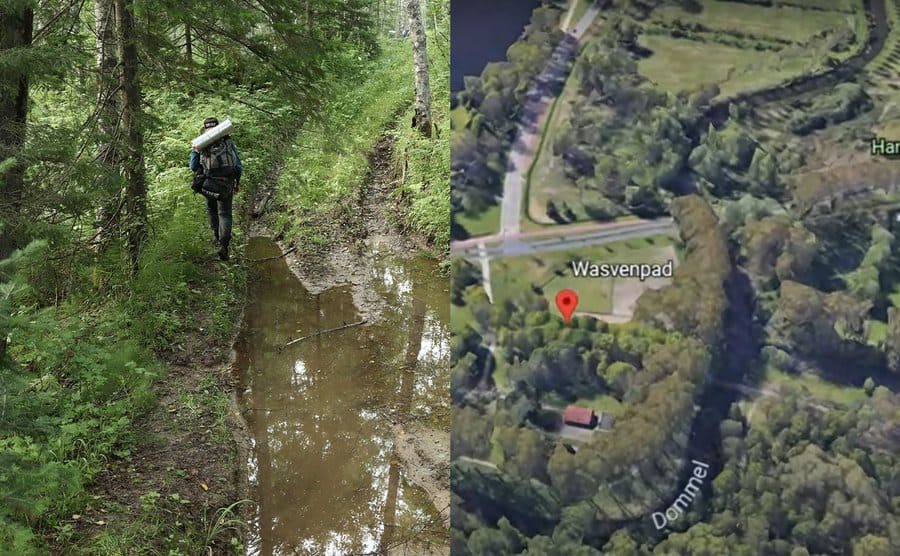 A hiker explores the forest / Aerial google maps view of Dommel River.
