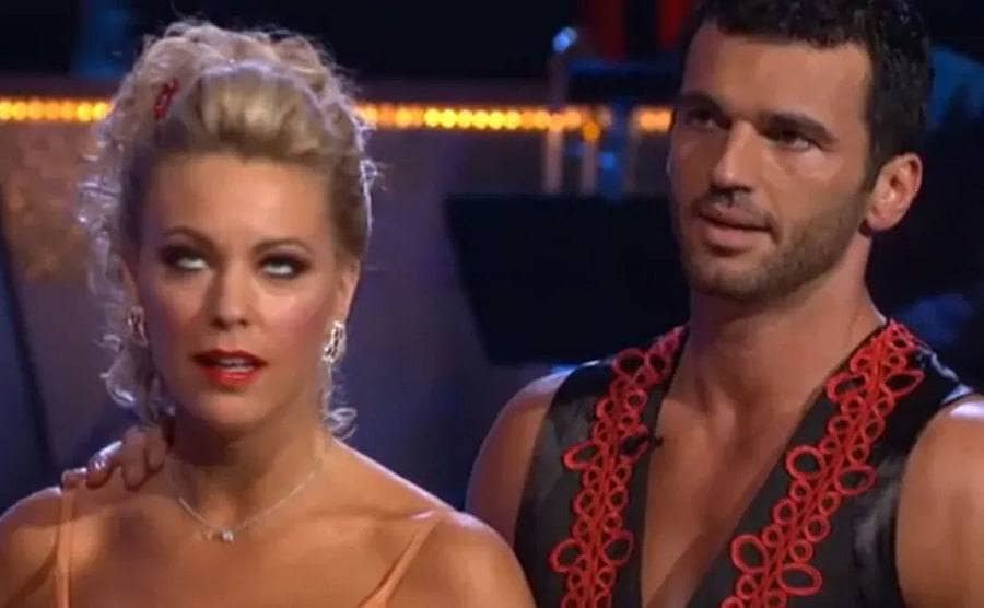 Kate is rolling her eyes during an interview with dance partner Tony Dovolani on “Dancing with the Stars”.
