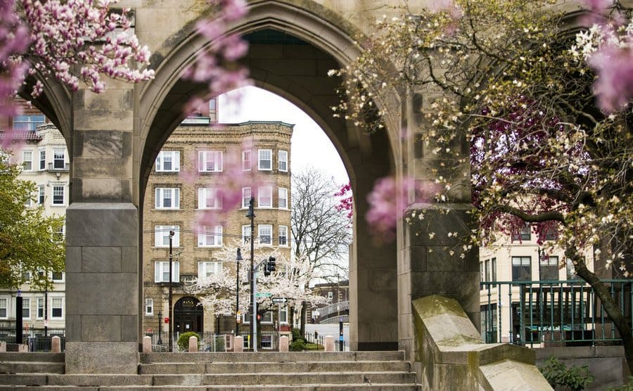 An arch stands on the Boston University campus in Boston.