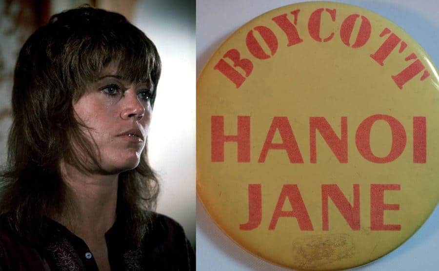 Jane Fonda looks on during her time in Hanoi / A Vietnam War-era protest pin that reads 'Boycott Hanoi Jane.'