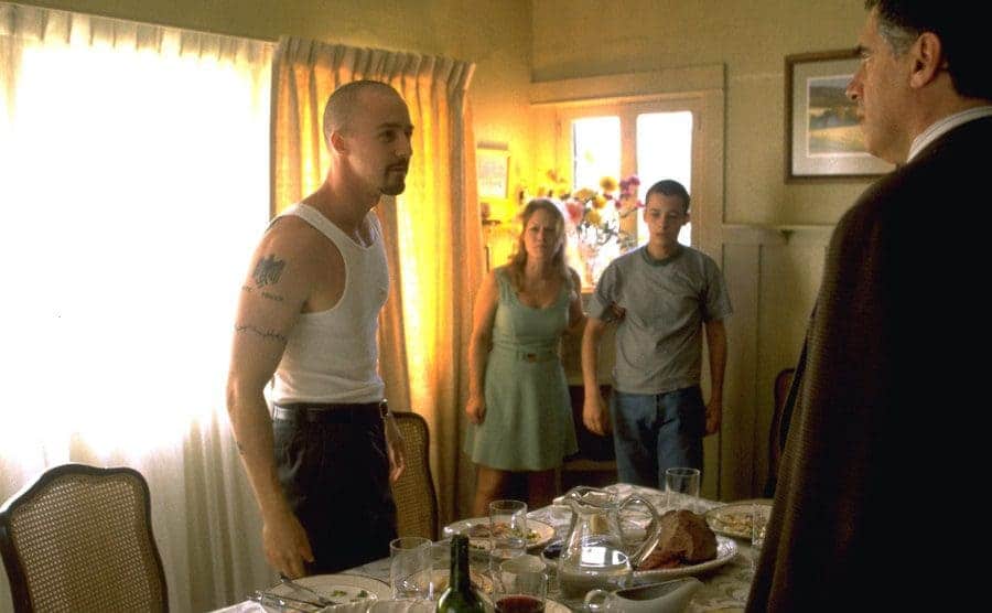 A police officer pays a visit to the Vinyard family in a scene from ‘American History X.’