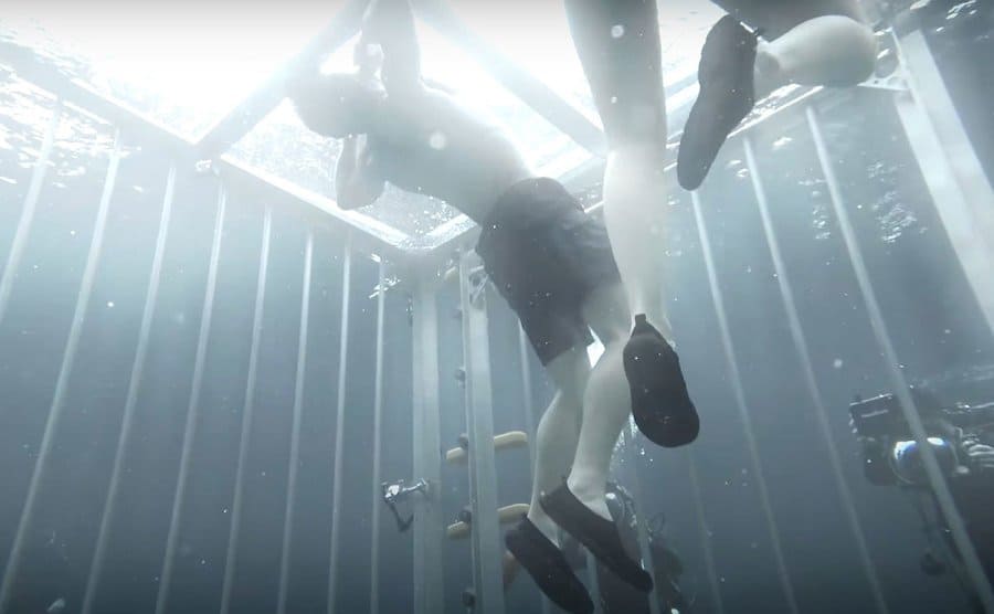 Contestants go underwater while trapped inside a cage. 