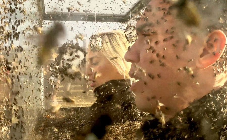 Two competitors inside the glass box in a still from the episode. 