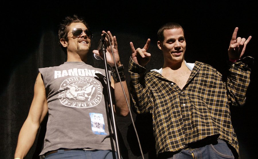 Johnny Knoxville and Steve-O on stage at the LIFEbeat 10th Anniversary benefit concert.