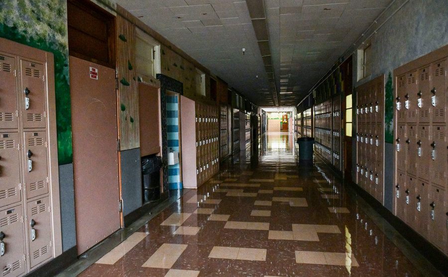 A view of a high school hallway. 