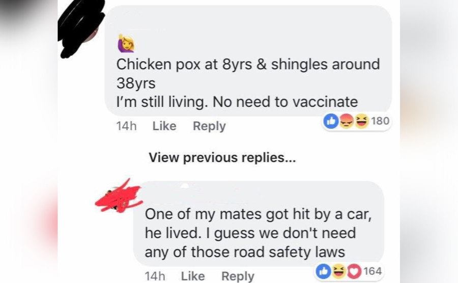 A comment pointing out that vaccination helps just as much as road safety laws. 