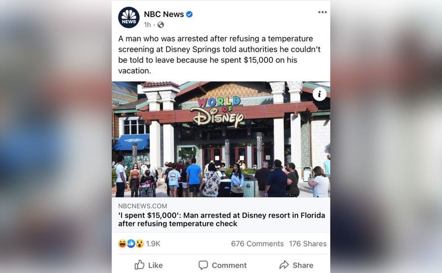 A news report on a man who refused to get his tempeture checked at Disney world, 