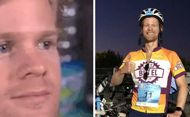 Drew Scanlon’s ‘Blinking White Guy’ reaction / Drew Scanlon with his bike at a bike ride fundraiser event. 