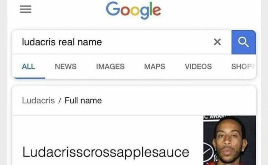 ‘Ludacris real name’ is written on a google search toolbar. 