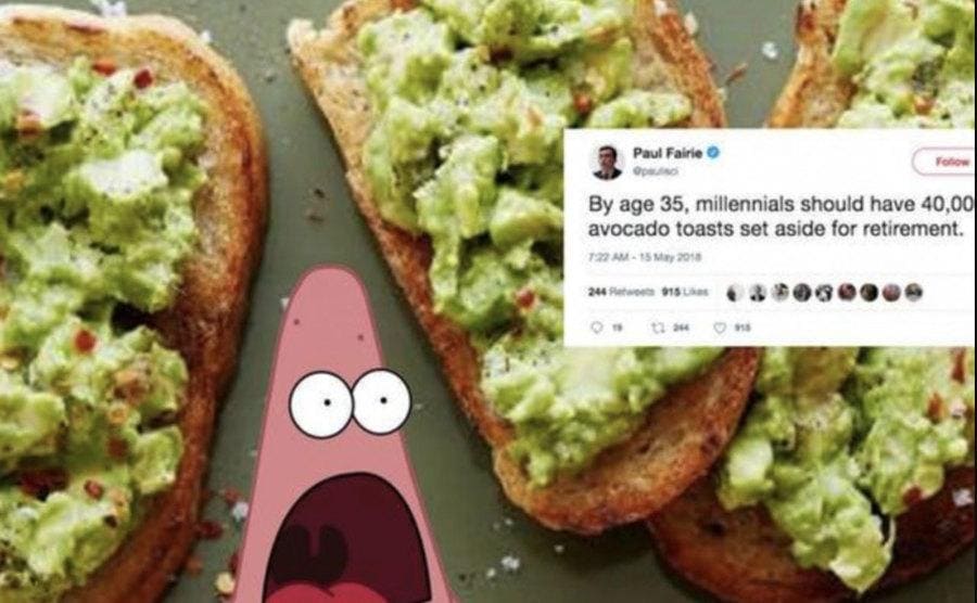 Patrick Star from SpongeBob is looking scared in a table full of avocado toasts. 