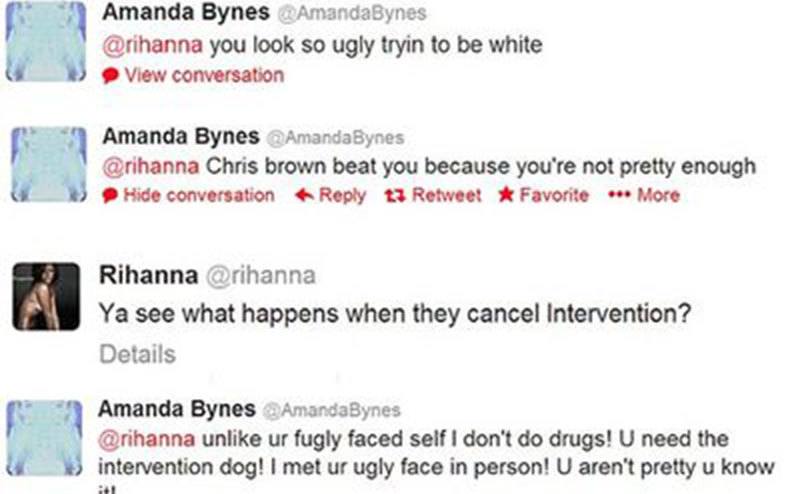 Amanda Bynes is attacking Rihanna on Twitter. 