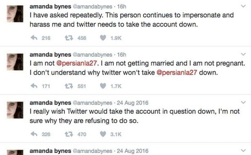 The actual Amanda Bynes tweets demanding the fake account be removed. 