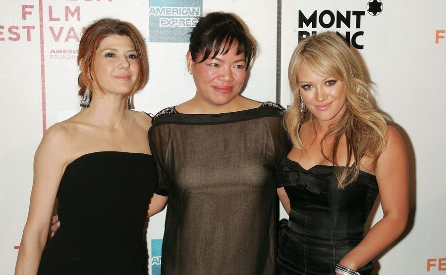 Grace Loh, Marissa Tomey, and Hilary Duff attend the film premiere.