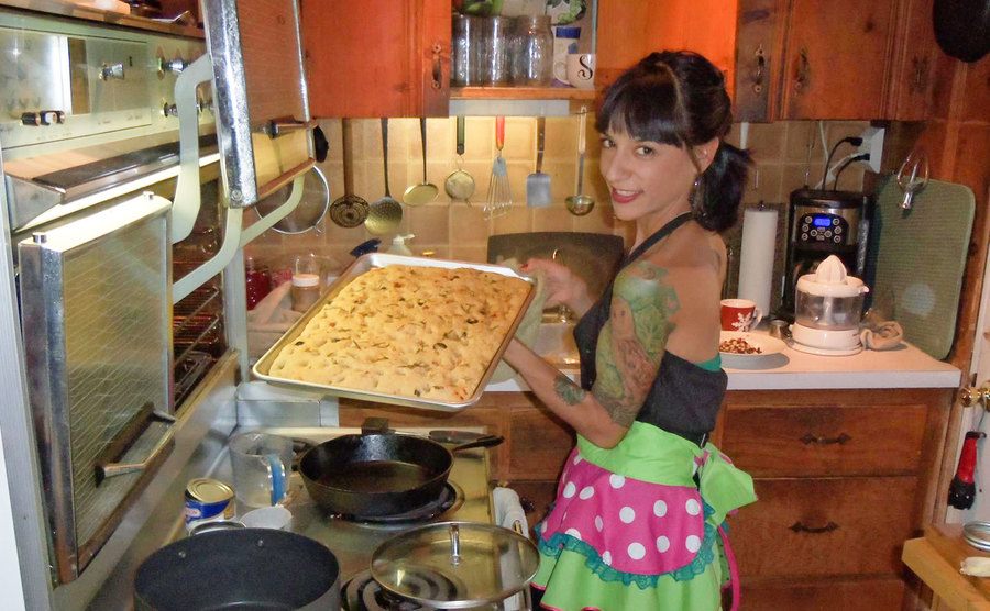 A picture of Stacy in the kitchen.