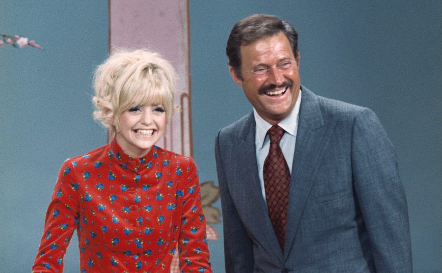 Goldie Hawn with Dan Rowan on the set of Rowan and Martin's Laugh-In. 