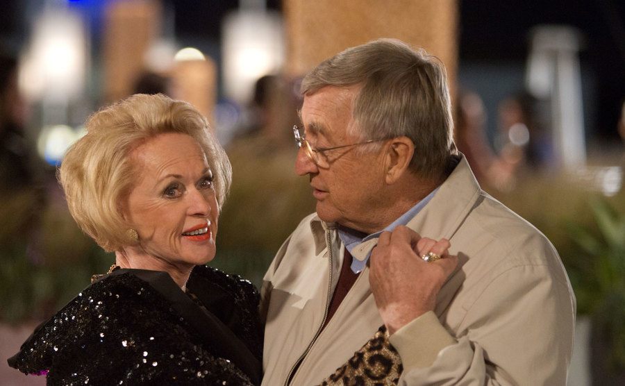 Ken Jenkins and Tippi Hedren share a dance in a scene from Cougar Town. 
