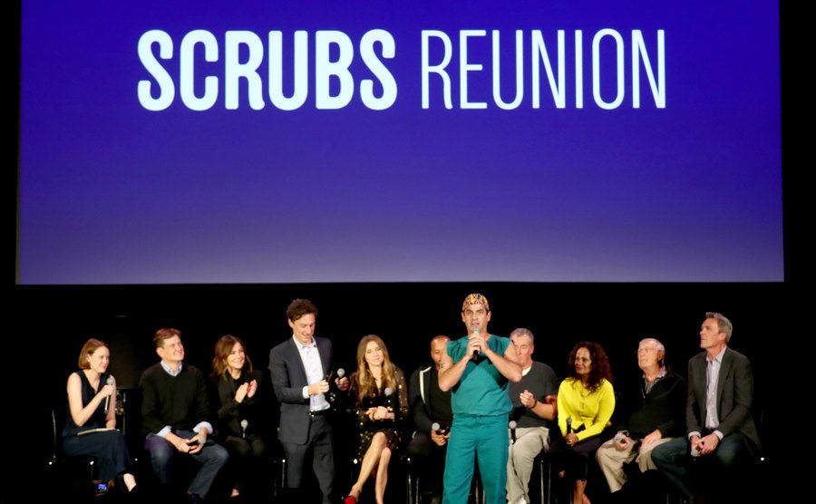 The cast of Scrubs speak onstage during the 'Scrubs Reunion.' 