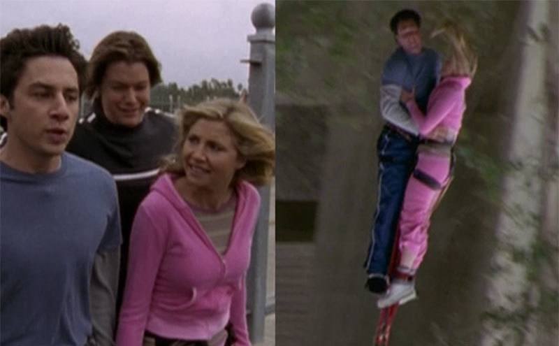 Braff and Chalke are standing on the bridge / The stunt doubles doing the bungee jump. 