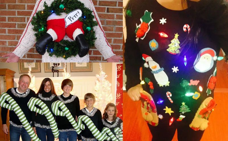 A collage of ugly Christmas sweaters. 