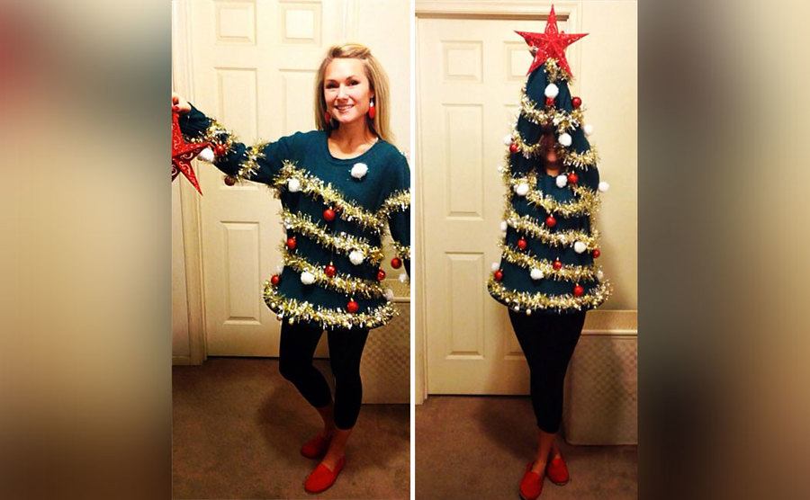 A sweater that transforms into a Christmas tree if you raise your arms. 