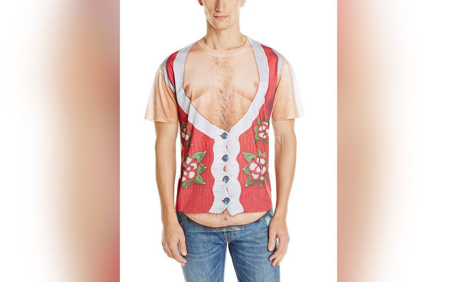 A shirt that has a Christmas vest and a hairy chest printed on it. 