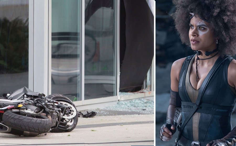 Zazie Beetz as Domino / A still from the wrecked motorcycle.