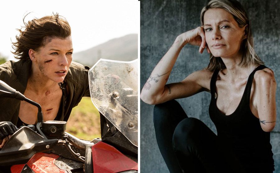 A picture of Olivia Jackson after the accident / A still of Milla Jovovich in the film.