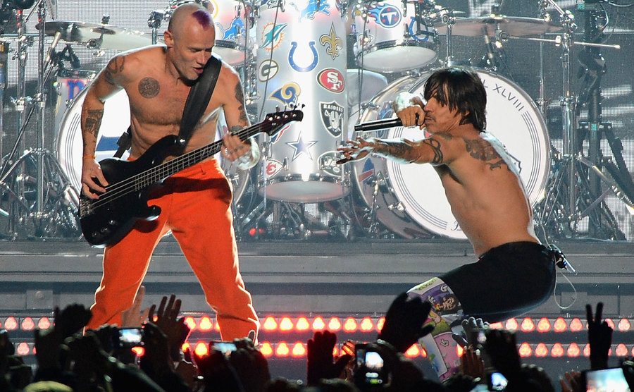 Flea and Anthony Kiedis perform during the Pepsi Super Bowl XLVIII Halftime Show. 