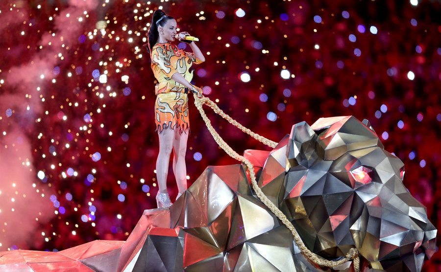 Katy Perry rides on a mechanical lion at the Super Bowl XLIX Halftime Show. 
