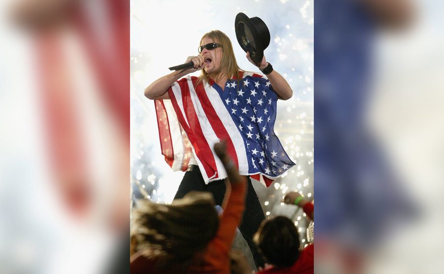 Kid Rock performs during the halftime show at Super Bowl XXXVIII. 