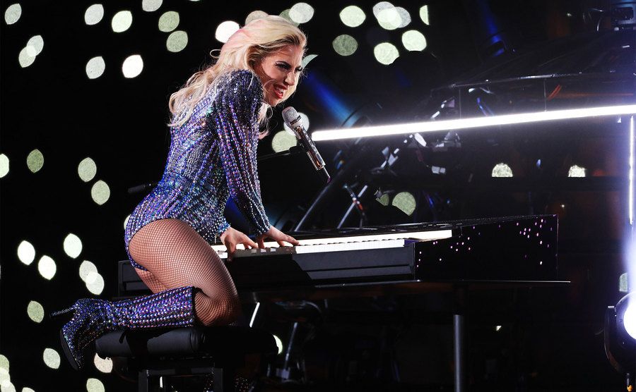 Lady Gaga performs at her piano during the Super Bowl 51 Halftime Show. 