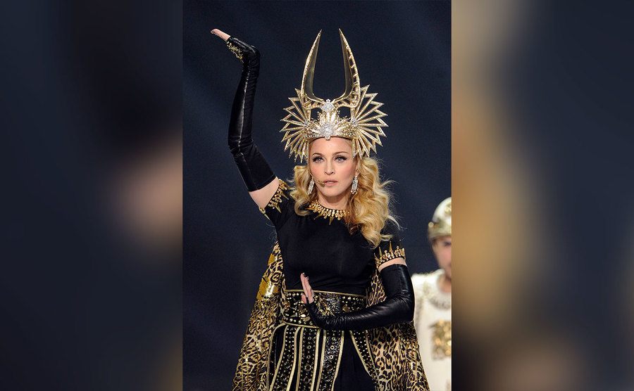Madonna performs during the Bridgestone Super Bowl XLVI Halftime Show. 