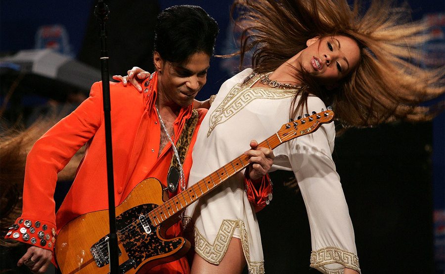 Prince and McClean perform during the Super Bowl. 