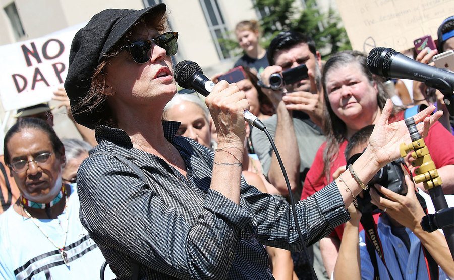 Susan Sarandon speaks at a rally to protect water and land from the Dakota Access Pipeline.