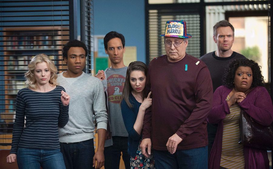 The cast of Community enters the study room. 