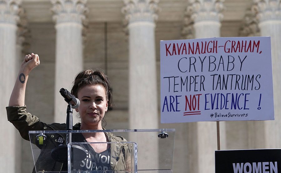 Alyssa Milano speaks during a rally in front of the U.S. Supreme Court. 