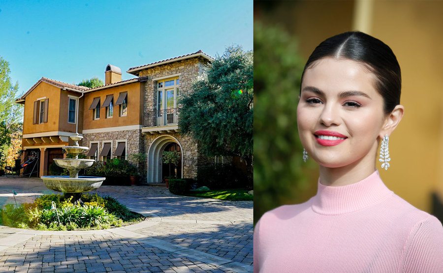 An exterior shot of the Calabasas home / Selena Gomez poses for the press.