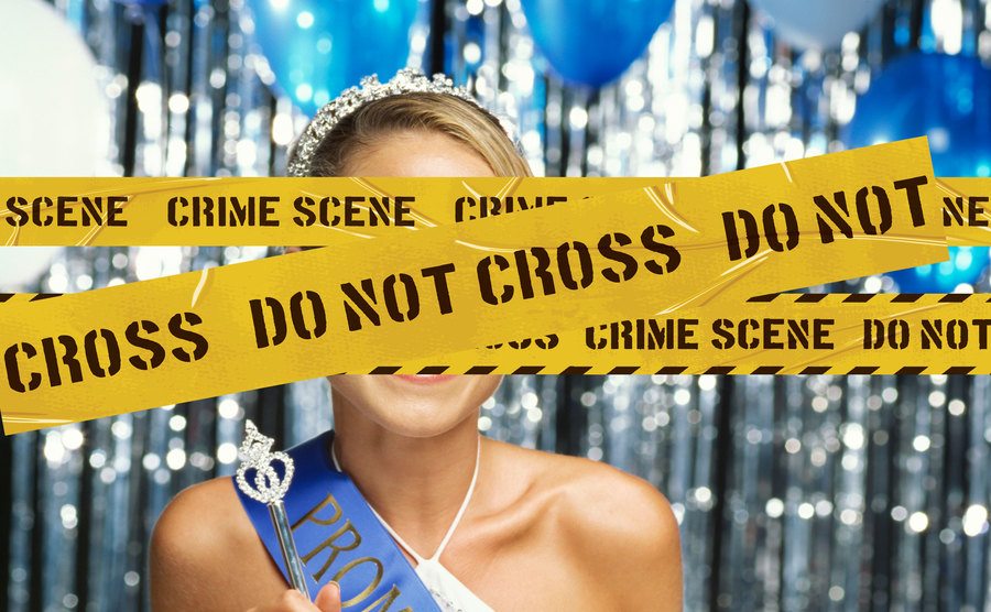 An image of a prom queen covered by police tape.