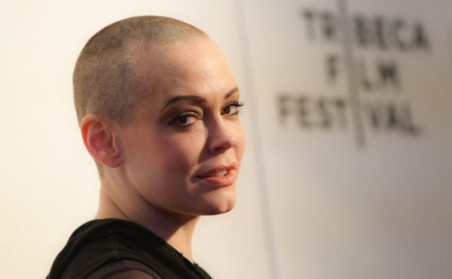 Rose McGowan poses for the media.