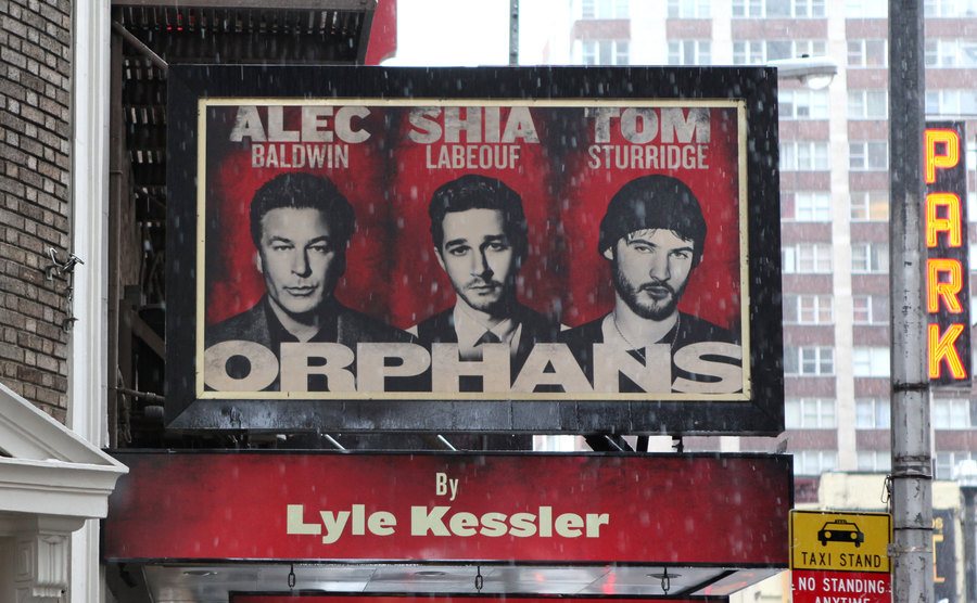 Broadway Theatre Marquee announces 'Orphans' starring Alec Baldwin, Shia LaBeouf and Tom Sturridge. 