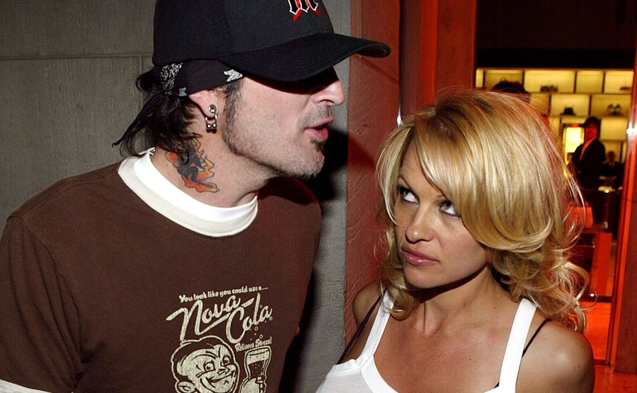 Pamela Anderson and Tommy Lee leave a club. 