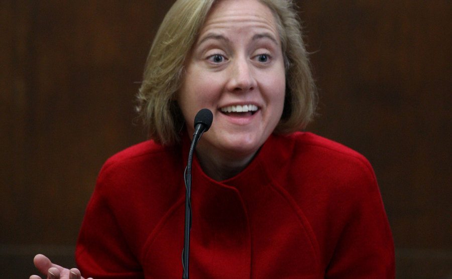 A photo of Sandra Boss testifying in court.