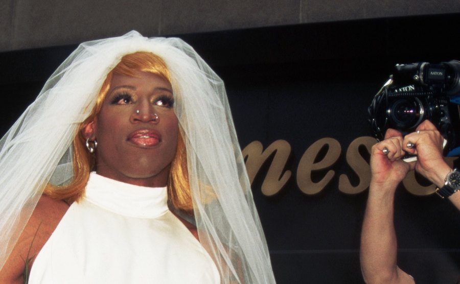 A picture of Rodman dressed as a bride.