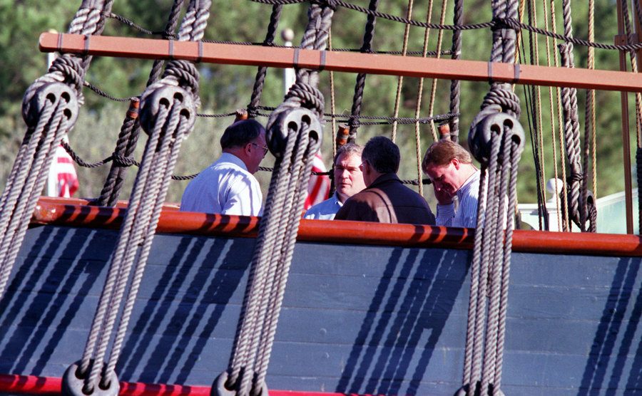 An image of investigators on the deck of the sailing ship Columbia.
