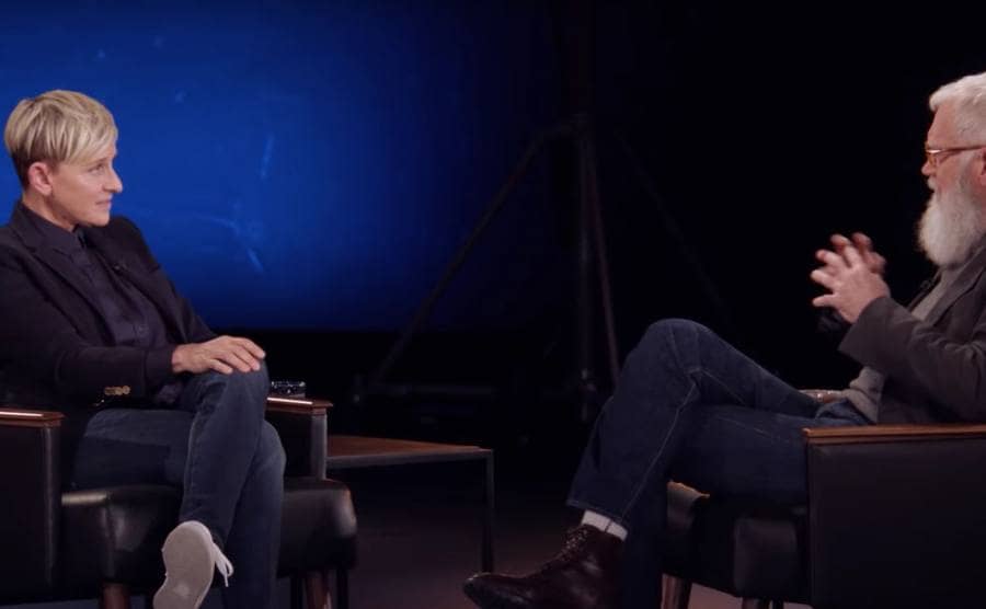Ellen DeGeneres being interviewed by David Letterman on his new Netflix show 