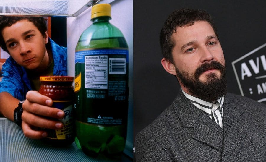 Shia LaBeouf digging through the fridge in Even Stevens. / Shia LeBeouf at the Hollywood Film Awards in 2019.
