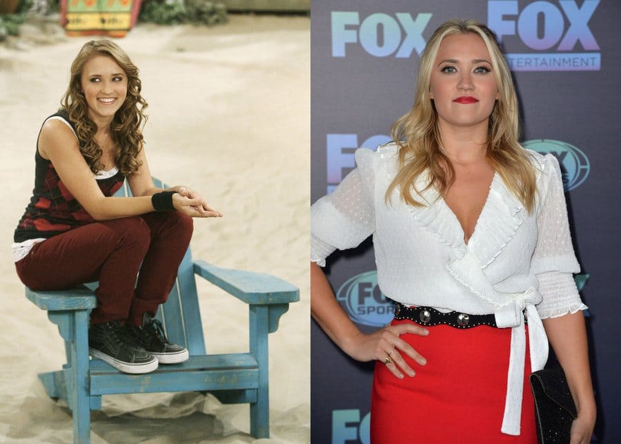 Emily Osment sitting in a blue wooden beach chair on Hannah Montana in 2006. / Emily Osment at a red-carpet event in 2019.