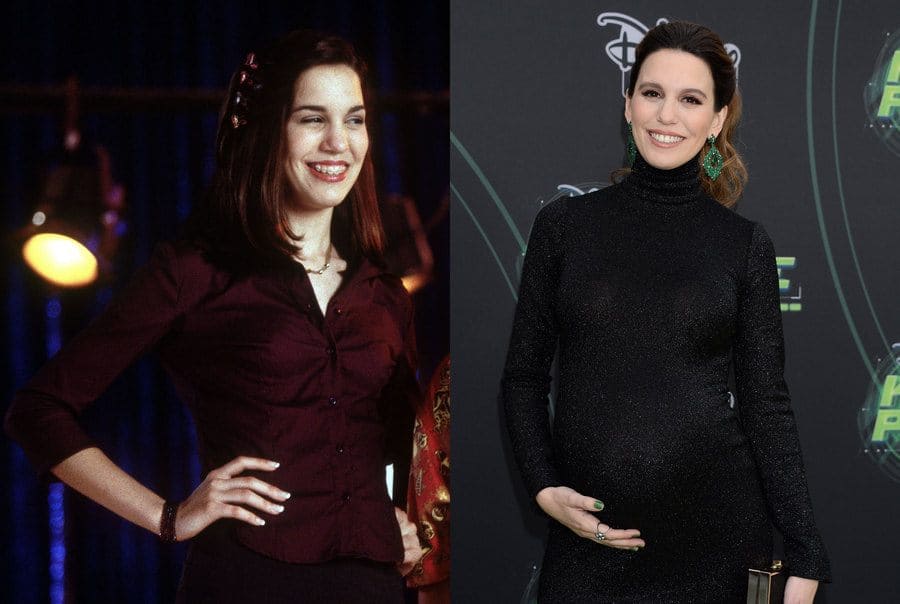 Christy Carlson Romano standing with a young Shia LaBeouf on Even Stevens. / Christy Carlson Romano at the Kim Possible film premiere in 2019.