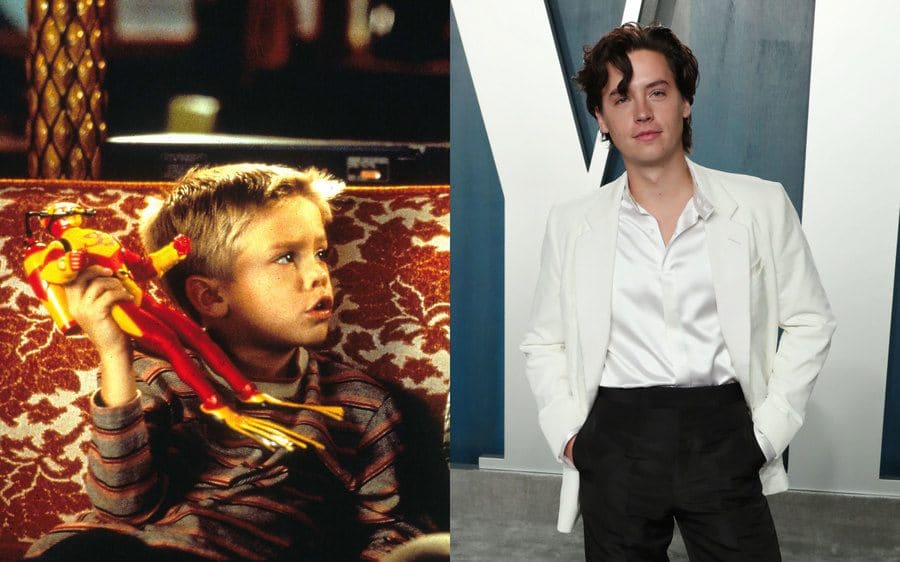 Cole Sprouse sitting on the couch with his toy in the movie Big Daddy. / Cole Sprouse at the Vanity Fair Oscar Party in 2020.